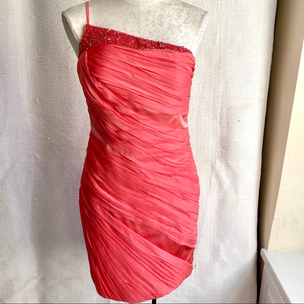 Theia 4/6 Silk Short Gathered Party Dress Coral - Picture 3 of 8